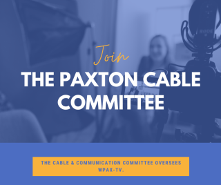 Woman sitting on a couch being recorded with text Join the Paxton Cable Committee
