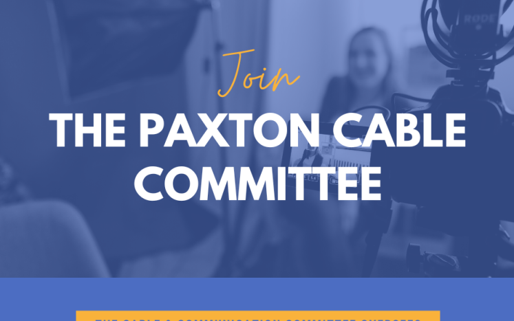 Woman sitting on a couch being recorded with text Join the Paxton Cable Committee